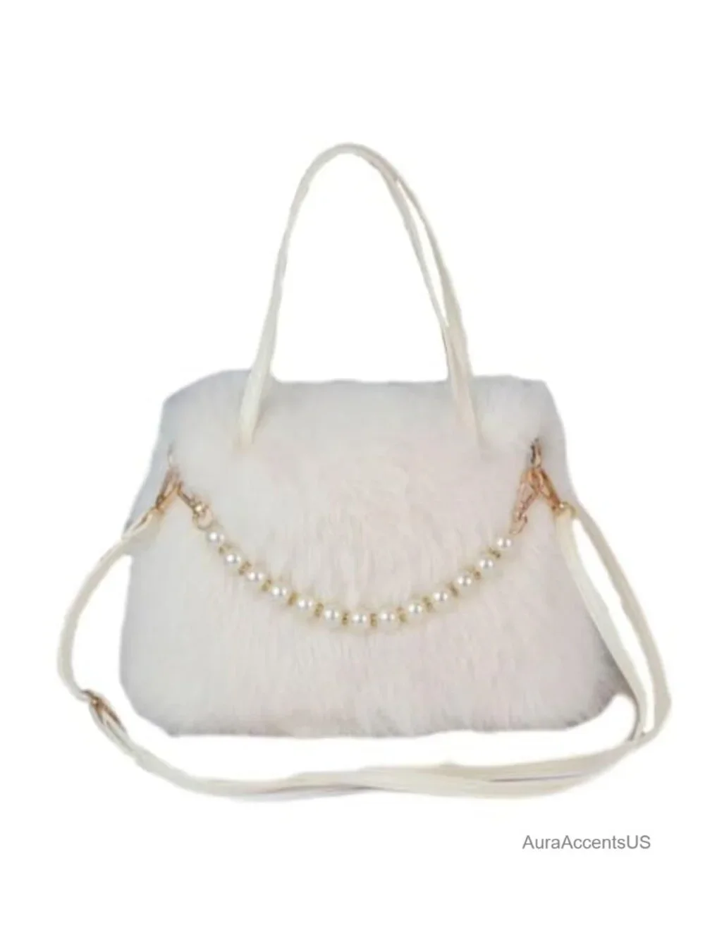 Fluffy Ostrich Feather Evening Bag with Pearl Chain Clutch Purse